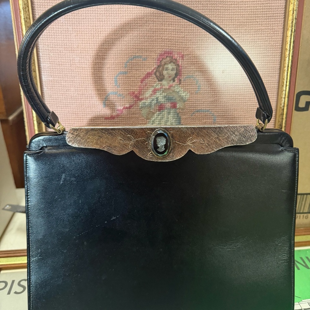 Vintage Elegant Black Leather Handbag with Reverse Black Glass Cameo